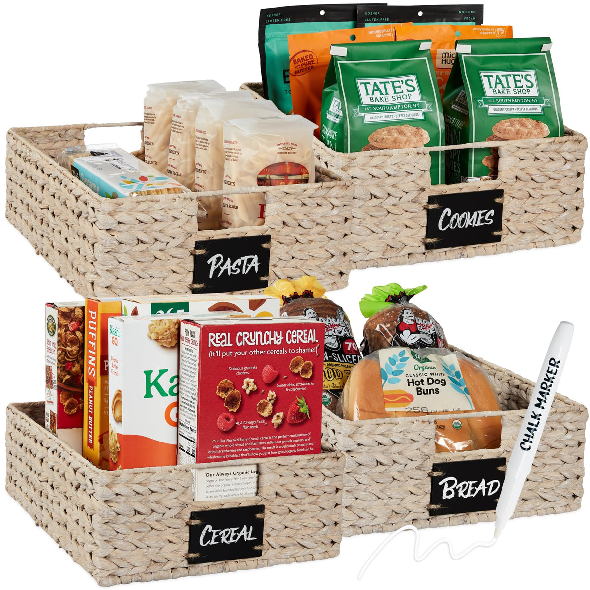 Best Choice Products Set of 4 9x12in Water Hyacinth Pantry Baskets, Woven Organizers w/Chalkboard Label, Chalk Marker - Natural