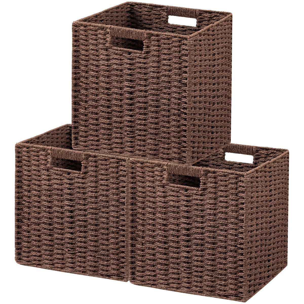 UBBCARE 2 Pack Wicker Basket, 13.4L×8.3H×7.1W inch Woven Paper Rope Storage Baskets for Shelves, Foldable Rectangular Storage Baskets with Handle, Storage Basket for Organizing, Dark Brown