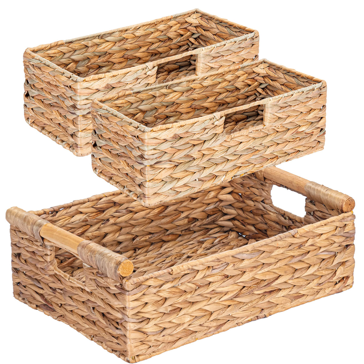 VATIMA Seagrass Baskets with Wooden Handles, Set of 3 Decorative Natural Wicker Baskets for Kitchen