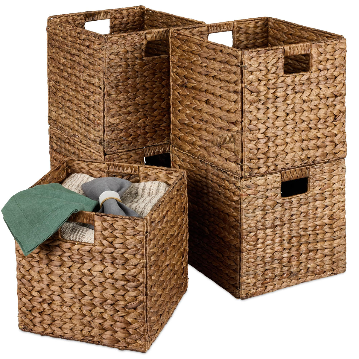 Best Choice Products 10.5x10.5in Pack of 5 Cube Storage Baskets, Water Hyacinth Multipurpose Collapsible Organizers, Handwoven Laundry Totes for Laundry, Living Room, Kids Room & Nursery - Brown