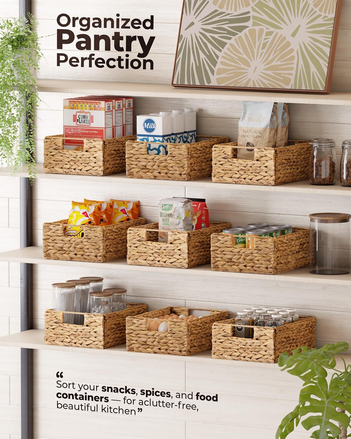 BLUEWEST Water Hyacinth Storage Baskets, Set of 6, Woven Bins with Handles