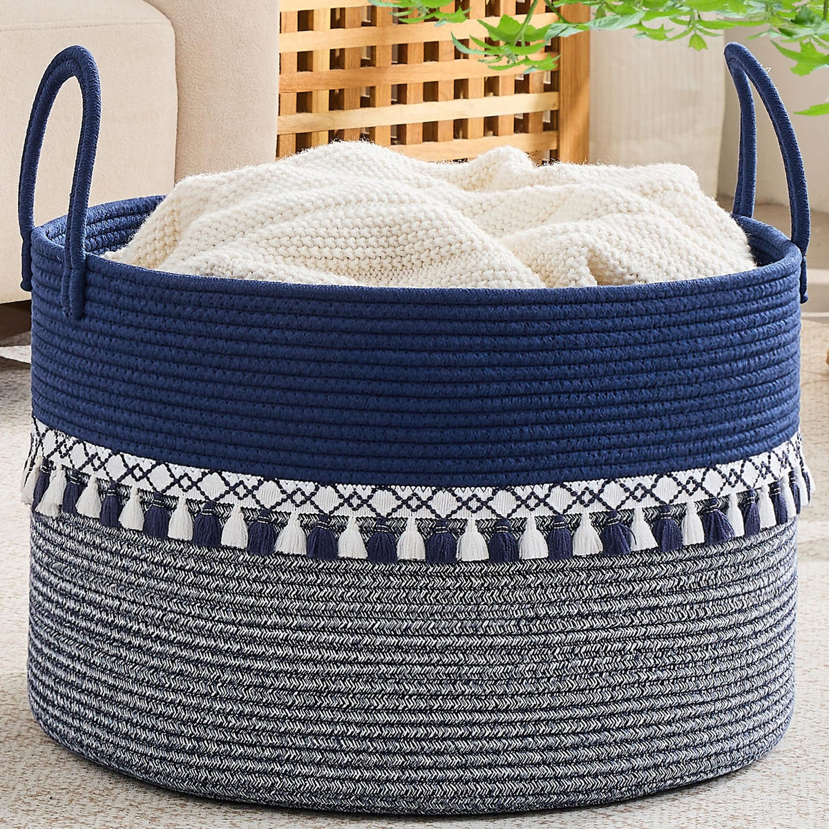 KAKAMAY Large Blanket Basket with Handles, Storage Basket for Living Room