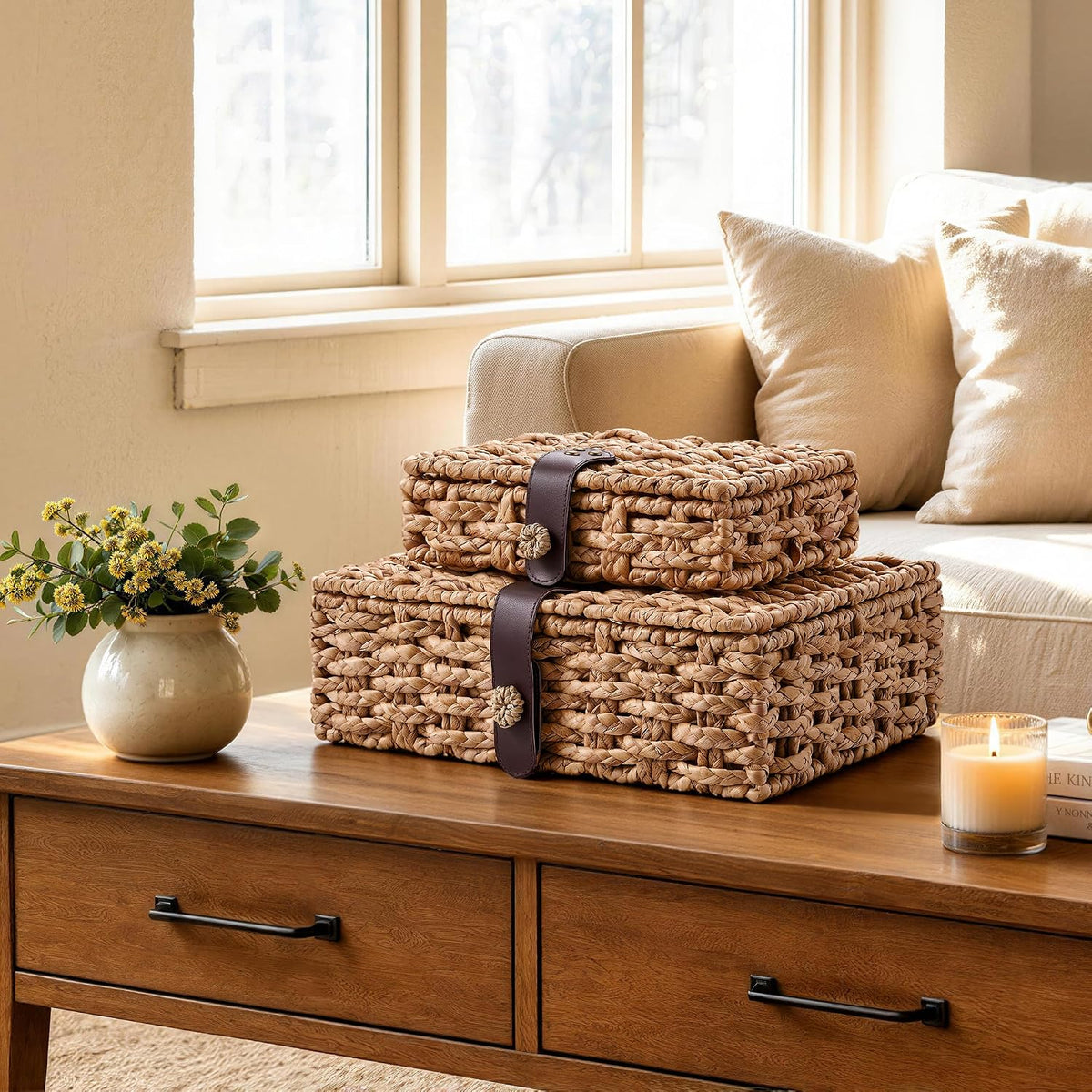 JARLINK Decorative Box with Lid, Handwoven Water Hyacinth Wicker Woven Box