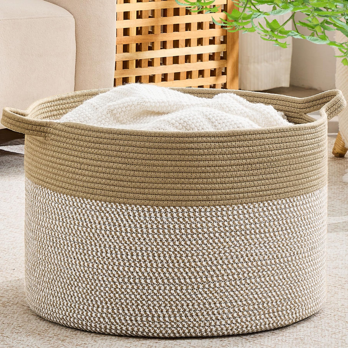 KAKAMAY Large Blanket Basket with Handles, Storage Basket for Living Room