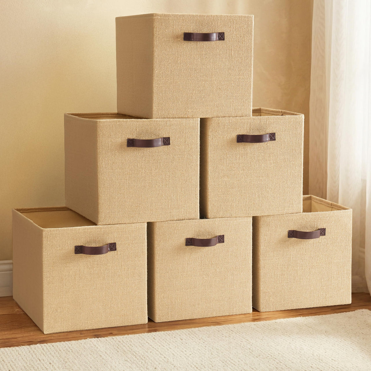 Ornavo Home 10.5x10.5 Jute Storage Cube Bins, 6 Pack, Leather Handles