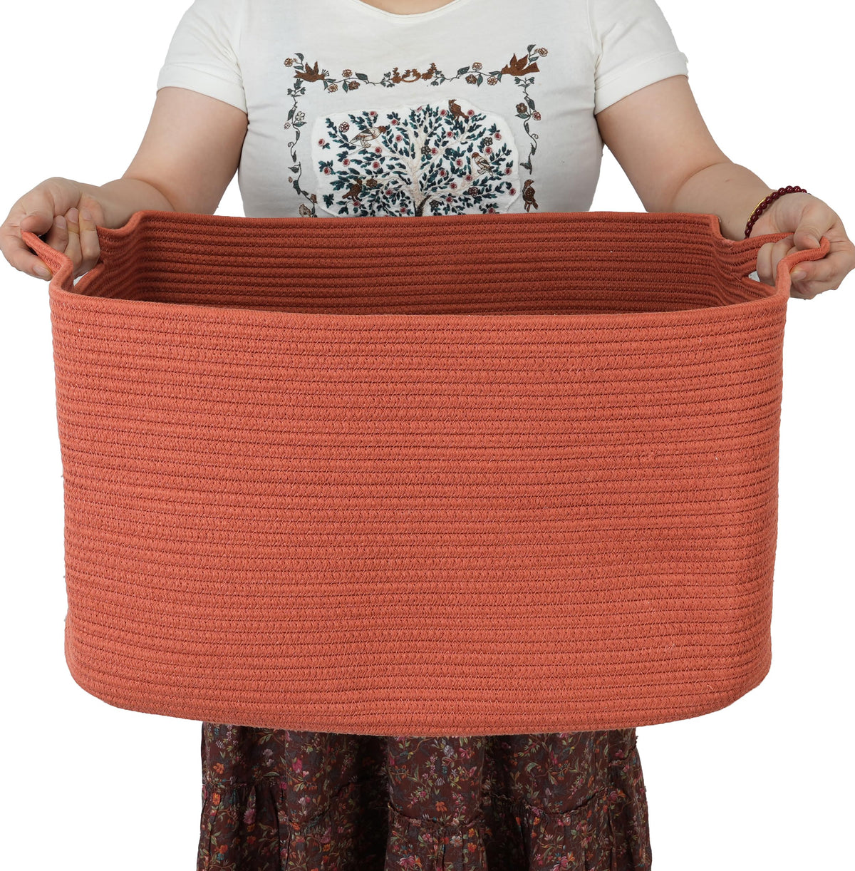 XUANGUO Large Rectangle Woven Cotton Rope Blanket Basket 22"x17"x12" White
