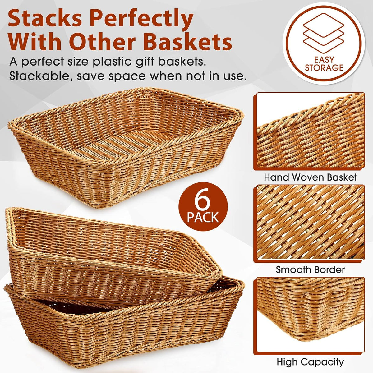 6 Pcs 17.7 in Large Wicker Bread Baskets, Woven Serving Basket for Kitchen