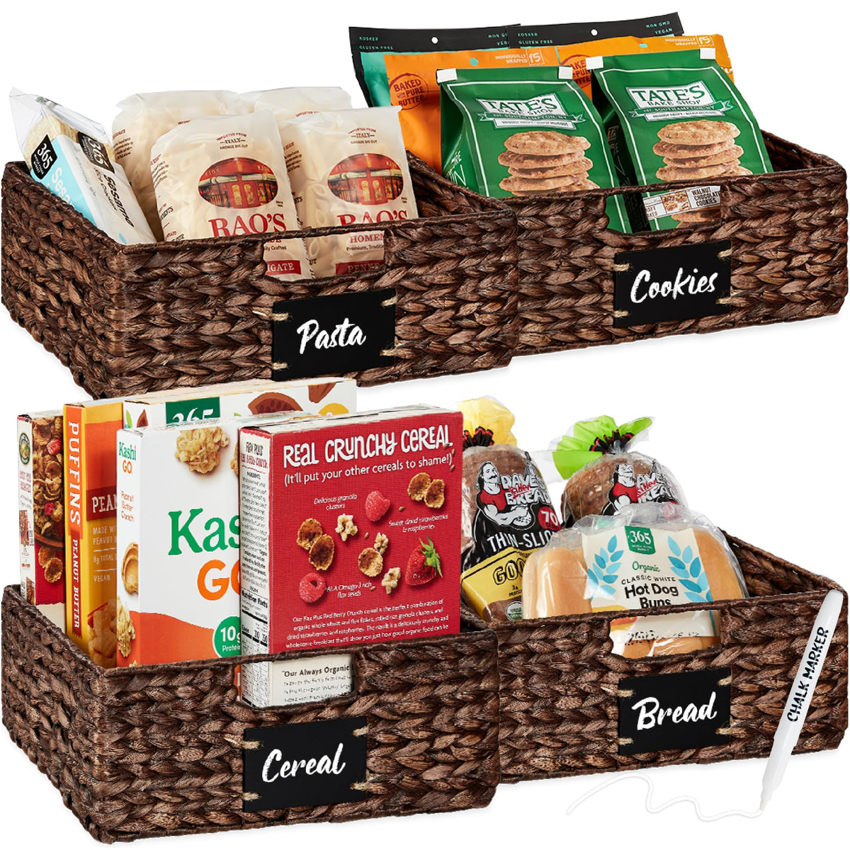 Best Choice Products Set of 4 9x12in Water Hyacinth Pantry Baskets, Woven Organizers w/Chalkboard Label, Chalk Marker - Natural
