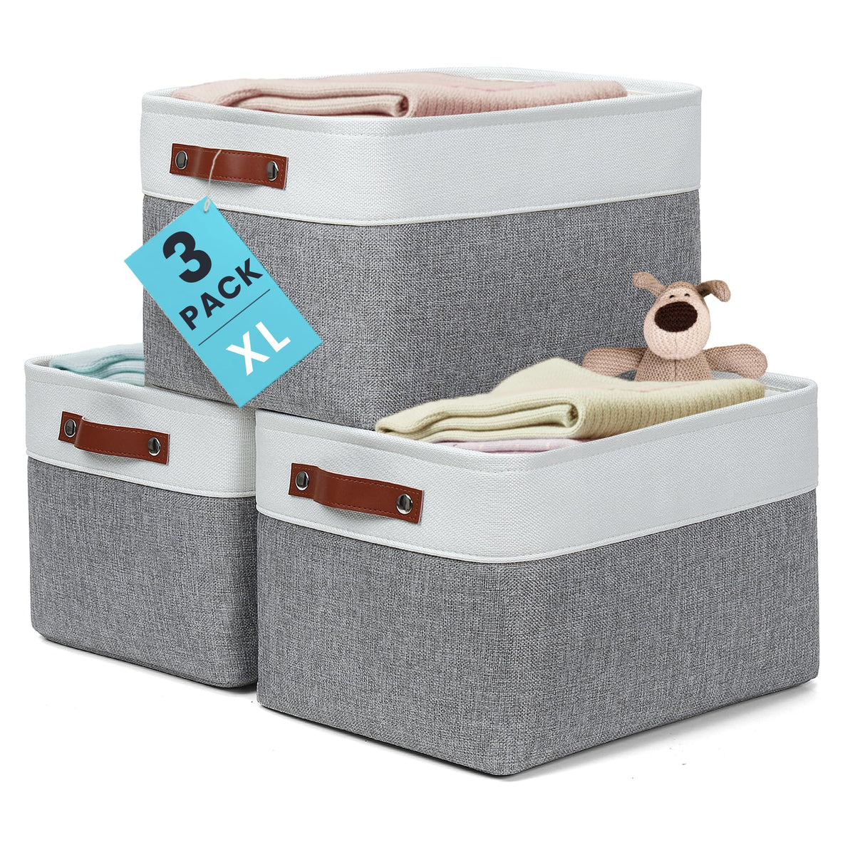 OrganiHaus 12x8in Canvas Storage Baskets, 3 Pack - Fabric Bins for Shelves