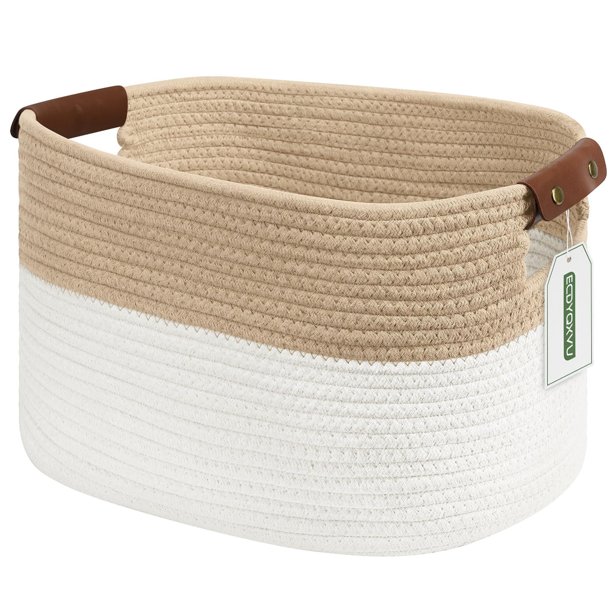 ECDYQXVU 15x10x9 Woven Cotton Rope Storage Basket, Leather Handles 1 Pack