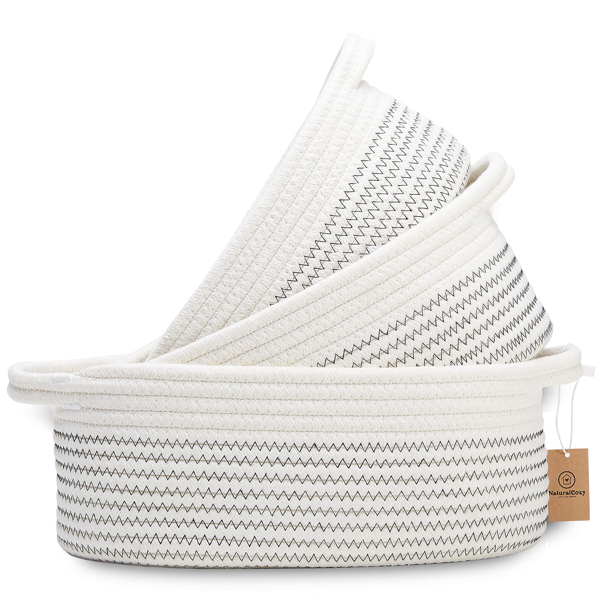 NaturalCozy 3-Piece Oval Storage Basket Set– Cotton Rope Woven Baskets for Storage, Gift Basket Empty, Toy Basket, Soft Baby Basket for Nursery, Cat Dog Toy Baskets, Small Basket (Off White & Blue)