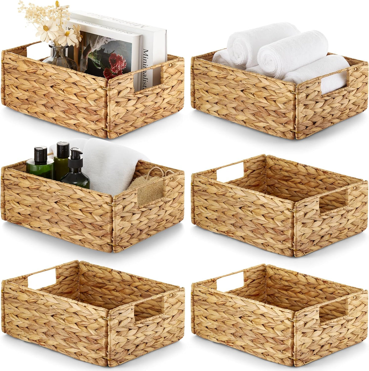 BLUEWEST Water Hyacinth Storage Baskets, Set of 6, Woven Bins with Handles