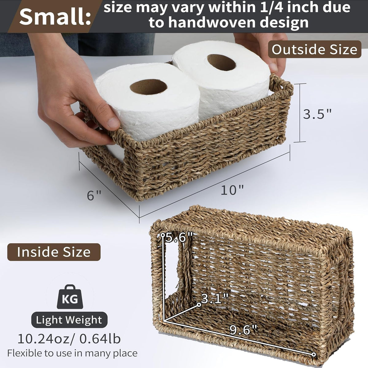 4 Small 3.6 QT Seagrass Wicker Baskets for Shelves, 10" Long Woven Pantry Organizers and Storage Basket, Decorative Ratten Shallow Rectangle Baskets for Organizing Countertop Kitchen