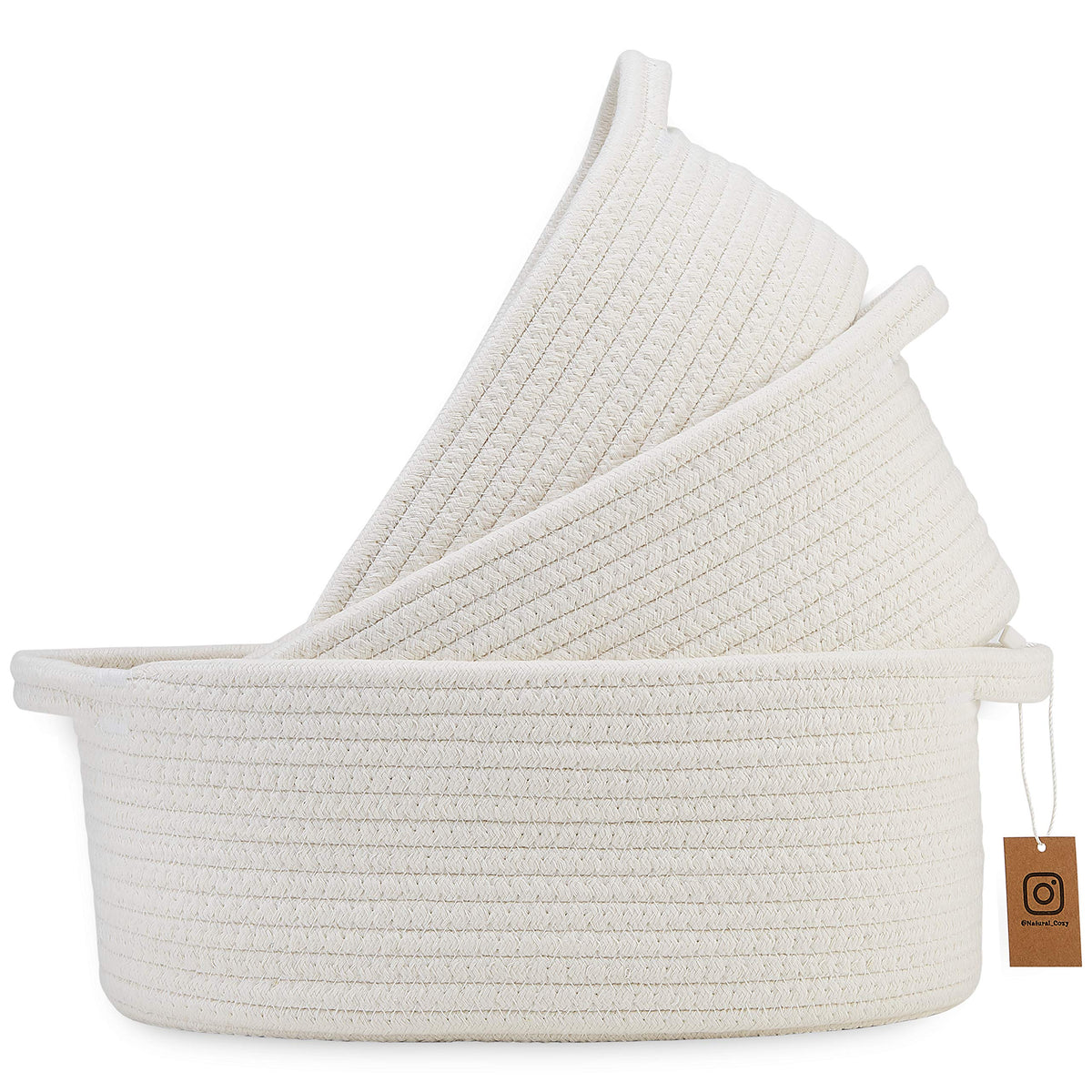 NaturalCozy 3-Piece Oval Storage Basket Set– Cotton Rope Woven Baskets for Storage, Gift Basket Empty, Toy Basket, Soft Baby Basket for Nursery, Cat Dog Toy Baskets, Small Basket (Off White & Blue)