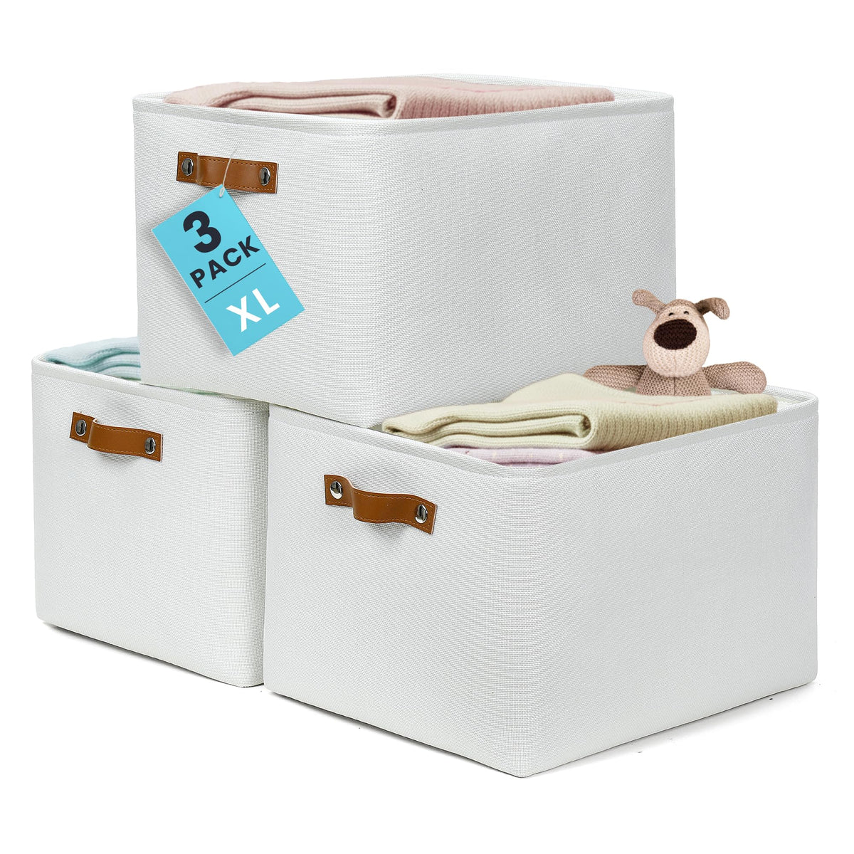 OrganiHaus 12x8in Canvas Storage Baskets, 3 Pack - Fabric Bins for Shelves