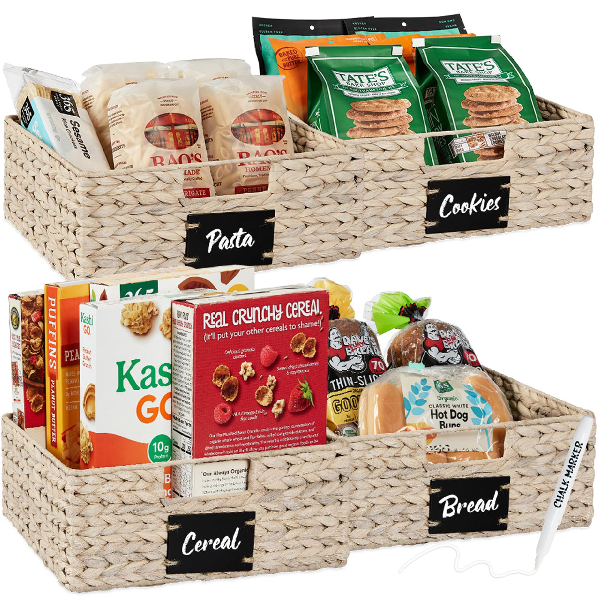 Best Choice Products Set of 4 9x12in Water Hyacinth Pantry Baskets, Woven Organizers w/Chalkboard Label, Chalk Marker - Natural