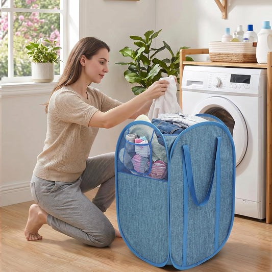 100L Collapsible Laundry Baskets, Foldable Pop Up Hamper with Pocket, Blue