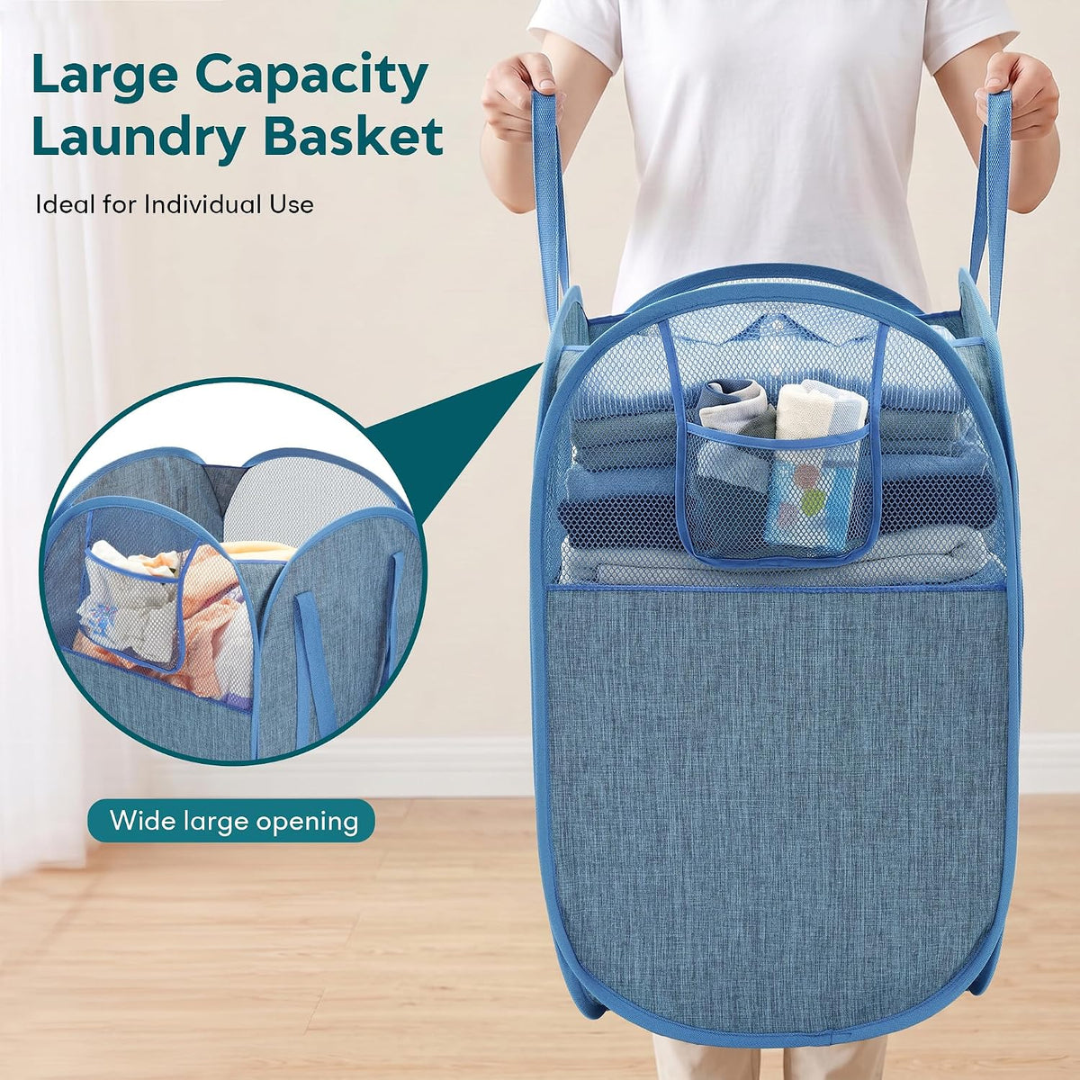 100L Collapsible Laundry Baskets, Foldable Pop Up Hamper with Pocket, Blue