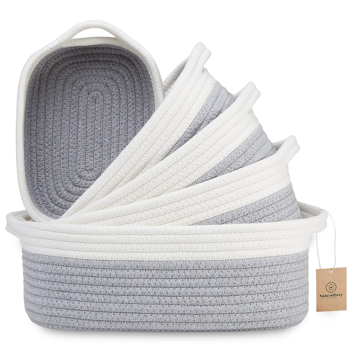 NaturalCozy 5-Piece Rectangle Storage Basket Set- Natural Cotton Rope Woven Baskets for Organizing! Small Basket for Montessori, Baby Nursery, Dog Toy Baskets, Cat Toy Box, Bathroom Organization Bin