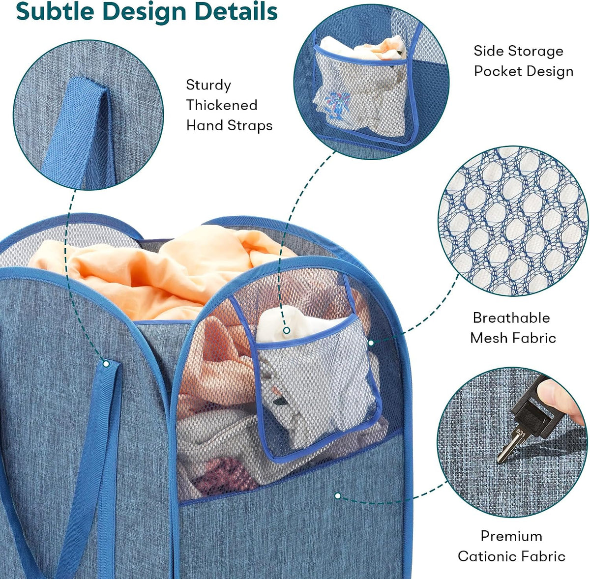 100L Collapsible Laundry Baskets, Foldable Pop Up Hamper with Pocket, Blue