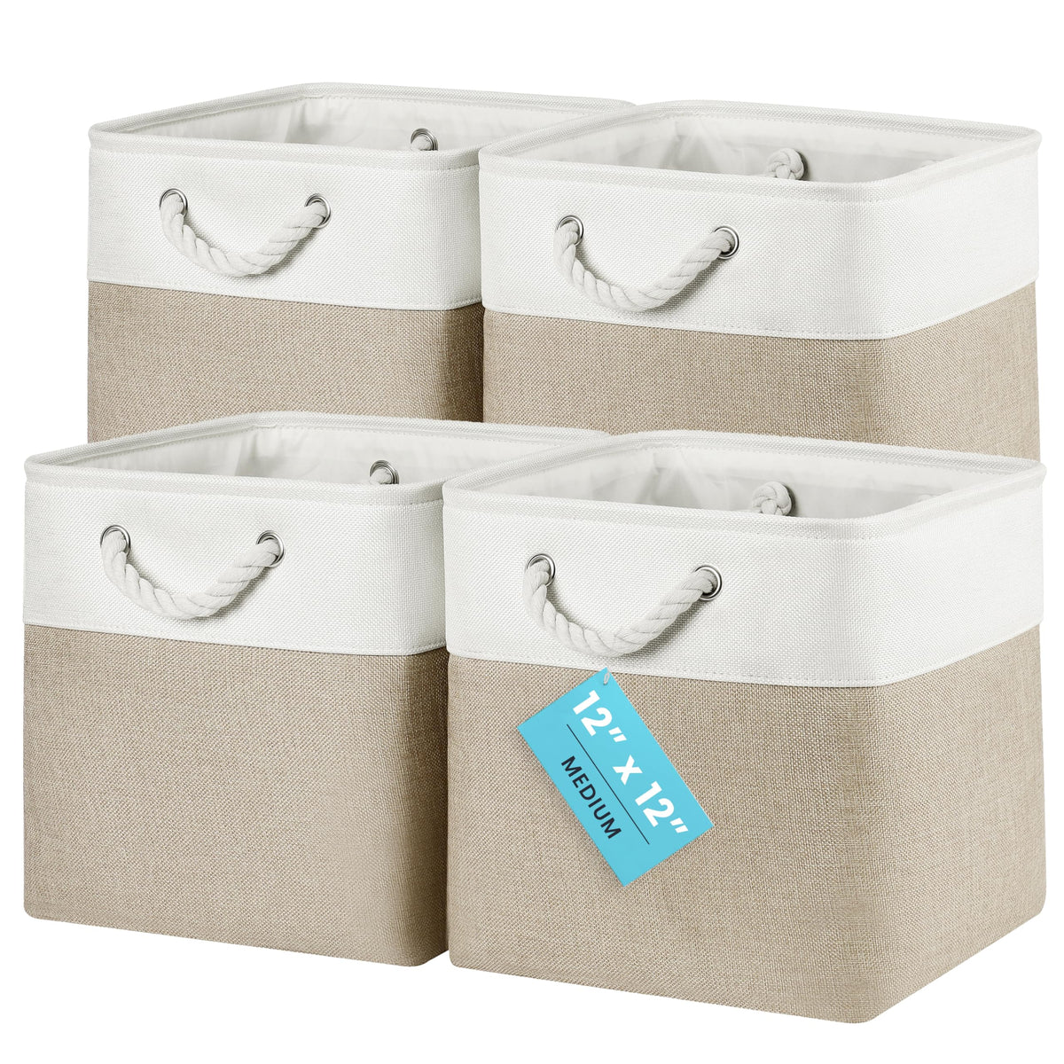 OrganiHaus 11x11 Cube Storage Bins, 4-Pack Fabric Cubes, Rope Handles