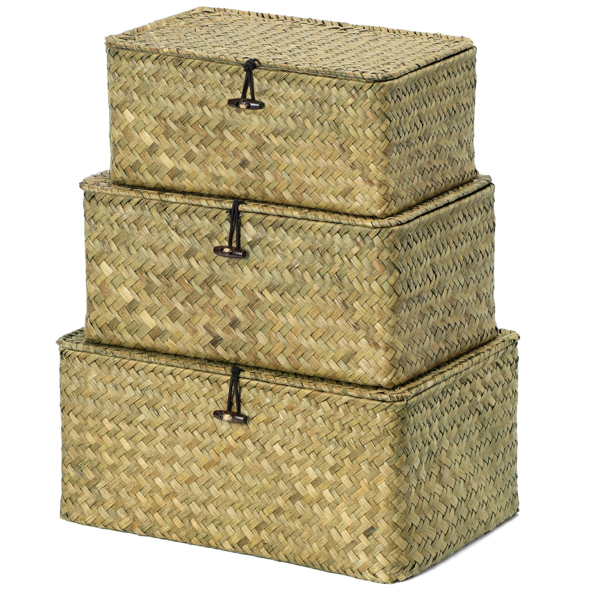 Nonam Wicker Storage Basket with Lid,Seagrass Shelf Basket Set of 3,Nautral