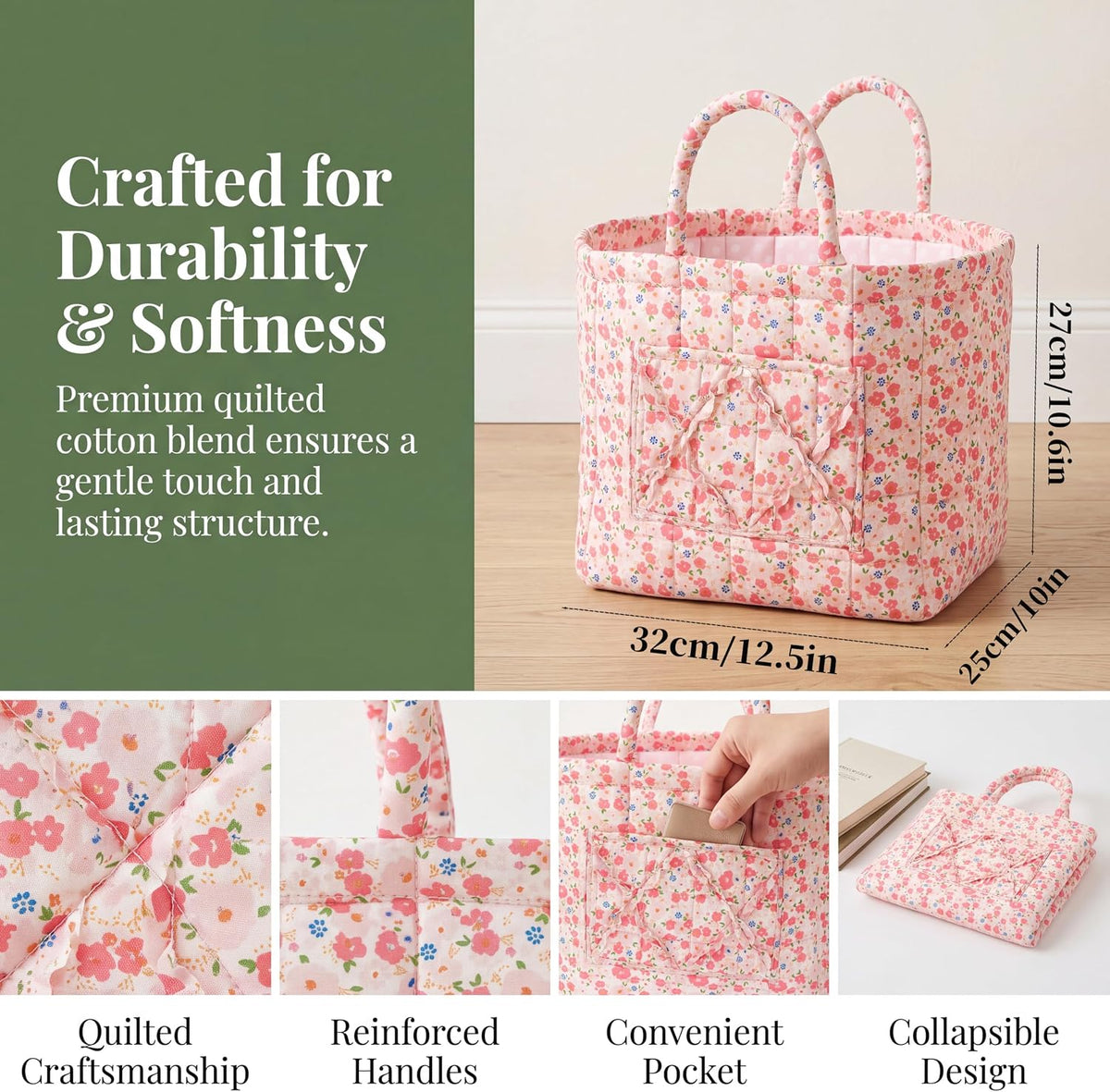 Quilted Laundry Basket with Handles—Multifunctional Fabric Storage Basket, Bohemian-Style Fabric Storage Basket with Handles, Suitable for Home, Picnics, the Office, and the Nursery (Red floral print)