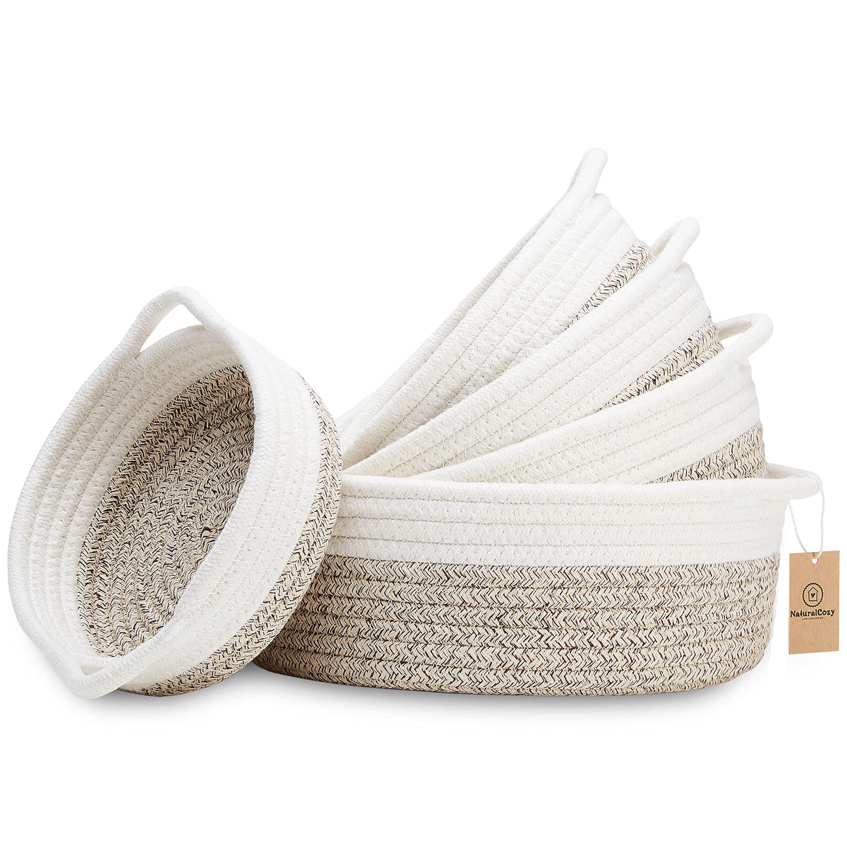 5-Piece Round Woven Cotton Rope Storage Baskets for Organizing, Small Shallow Nesting Set for Montessori Toys, Entryway Catchall, Fruit Bowl, Key Tray, Remote Holder, Nursery & Pet Toys