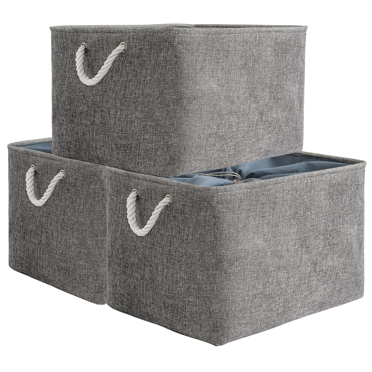 TheWarmHome Storage Basket for Organizing - 14x10x7 inch Medium 3 Pack Collapsible Storage Bin for Shelves with Handles, Canves Storage Box for Organizer Cubes Cloth Gift Toy Closet (White & Khaki)