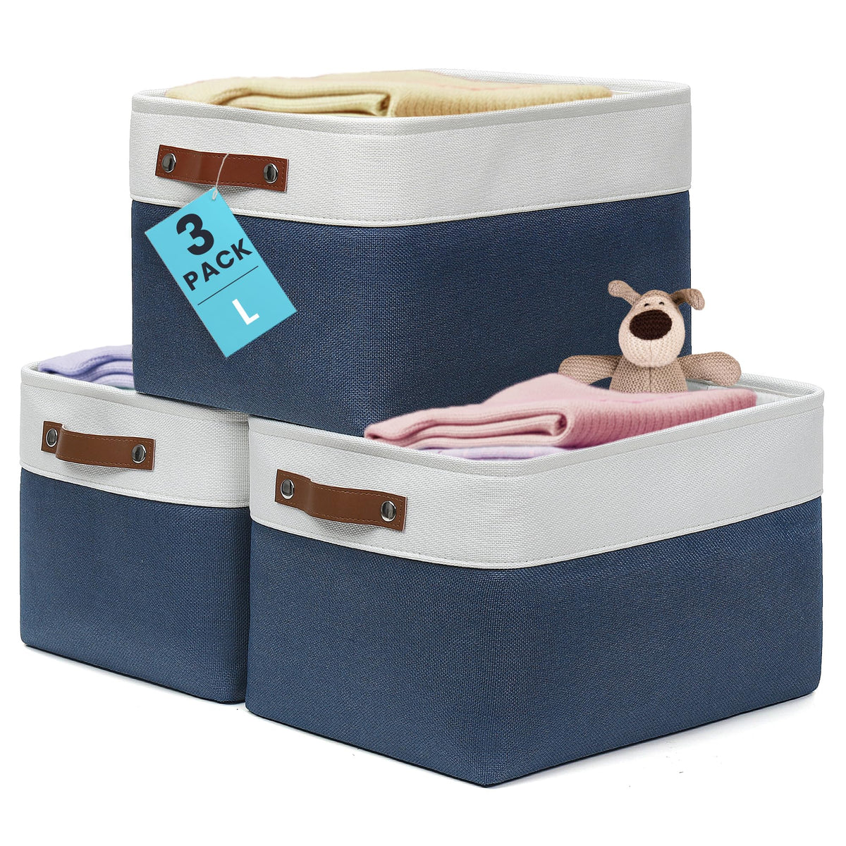 OrganiHaus 12x8in Canvas Storage Baskets, 3 Pack - Fabric Bins for Shelves