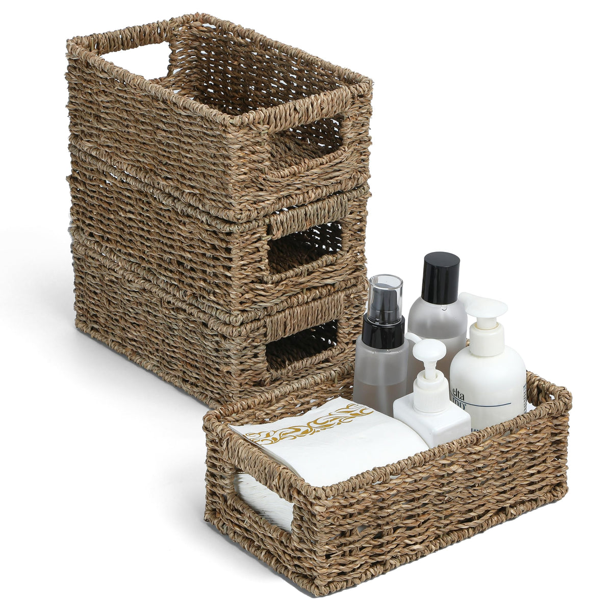 4 Small 3.6 QT Seagrass Wicker Baskets for Shelves, 10" Long Woven Pantry Organizers and Storage Basket, Decorative Ratten Shallow Rectangle Baskets for Organizing Countertop Kitchen