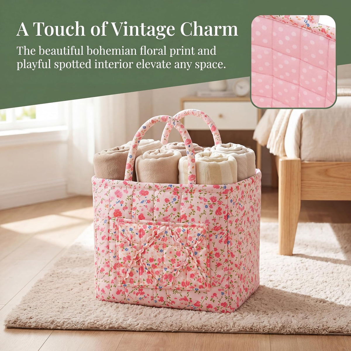 Quilted Laundry Basket with Handles—Multifunctional Fabric Storage Basket, Bohemian-Style Fabric Storage Basket with Handles, Suitable for Home, Picnics, the Office, and the Nursery (Red floral print)