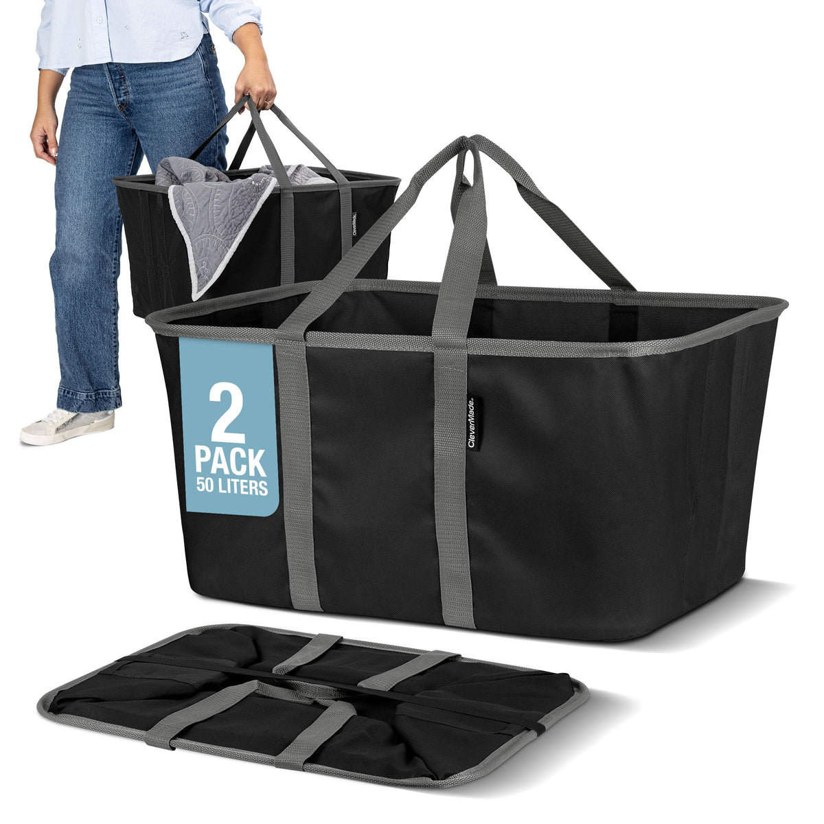 CleverMade Collapsible Laundry Baskets, 50L Tote 2 Pack, Charcoal