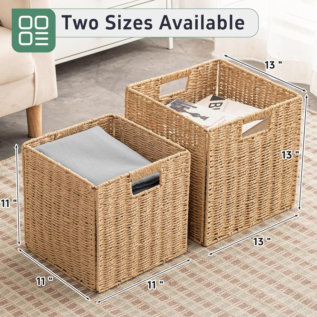 11x11x11 Cube Storage Bins Set of 4, Paper Rope Hand Woven Storage Basket with Handles, Collapsible Square Storage Cubes for Shelves, Wicker Shelf Baskets for Living Room Bedroom Organizing, Natural