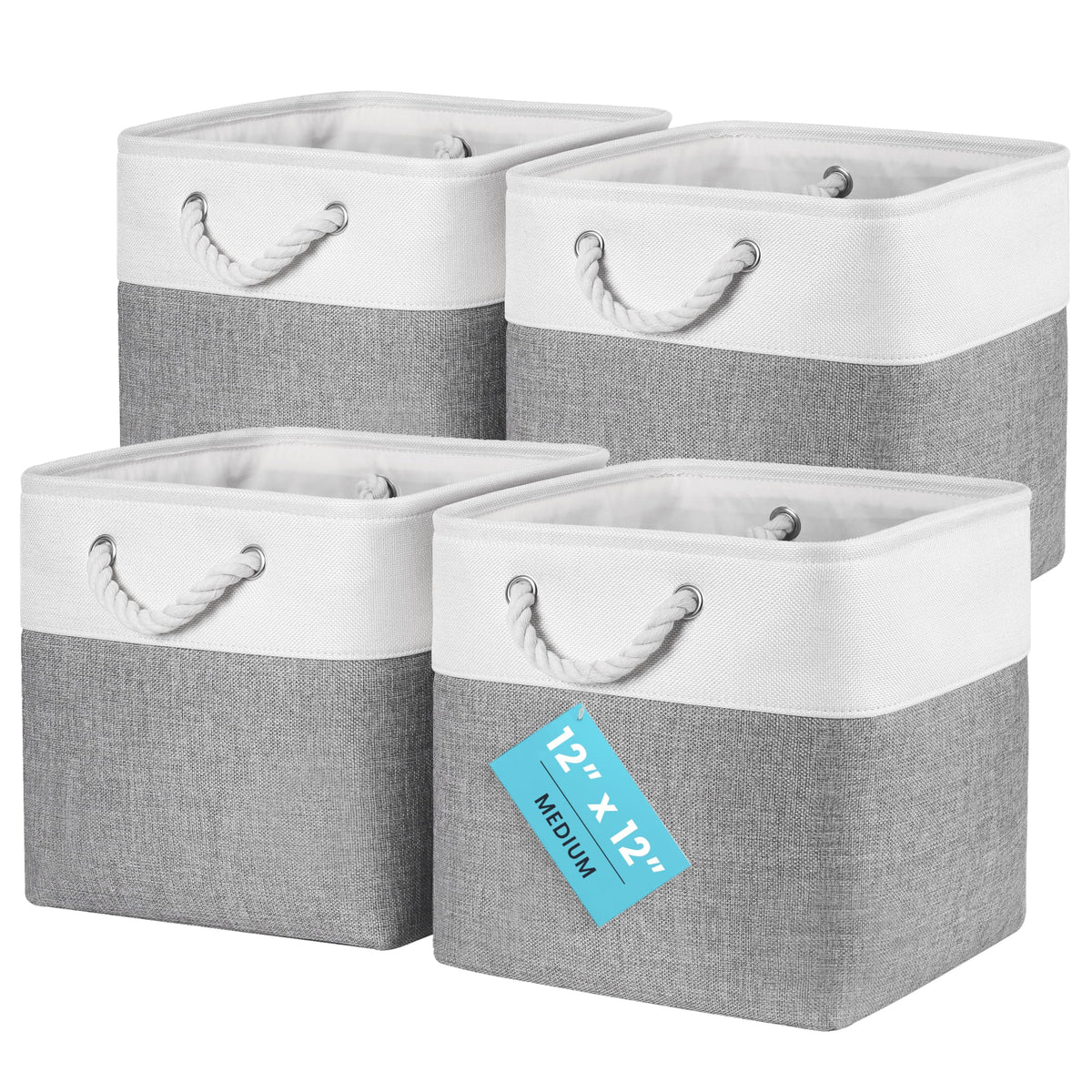 OrganiHaus 11x11 Cube Storage Bins, 4-Pack Fabric Cubes, Rope Handles