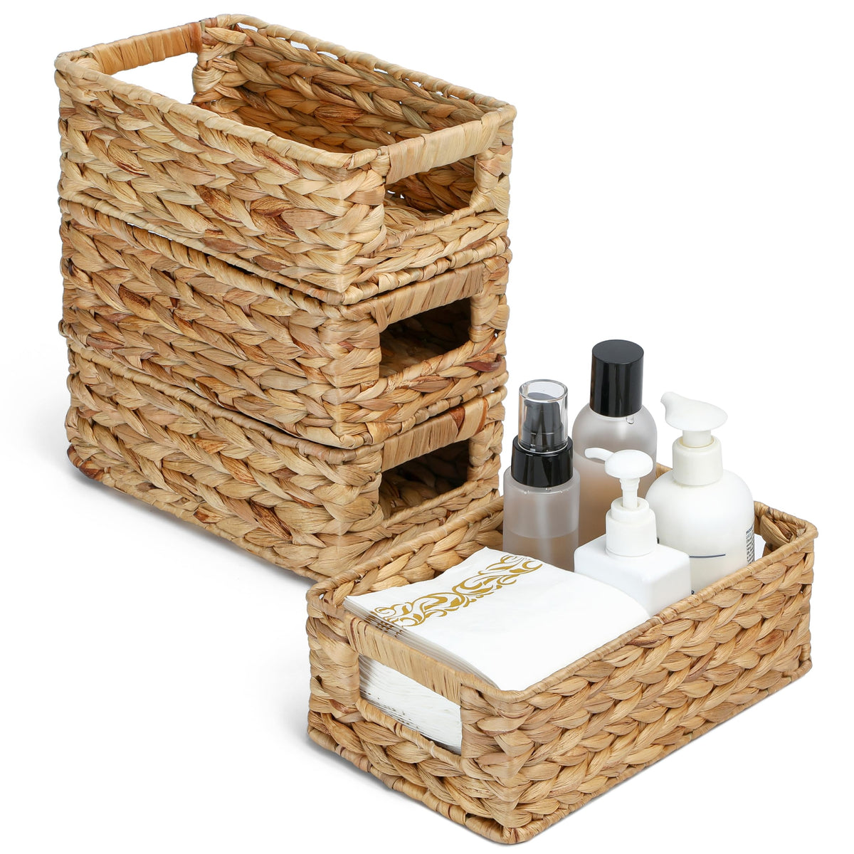 4 Small 3.6 QT Water Hyacinth Wicker Baskets for Shelves, 10" Long Woven Pantry Organizers and Storage Basket, Decorative Ratten Shallow Rectangle Baskets for Organizing Countertop Bathroom