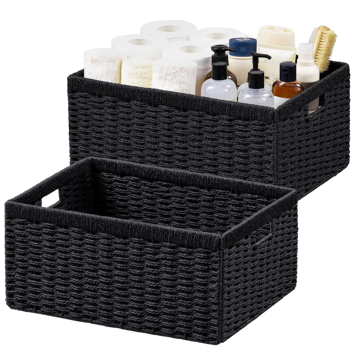 UBBCARE 2 Pack Wicker Basket, 13.4L×8.3H×7.1W inch Woven Paper Rope Storage Baskets for Shelves, Foldable Rectangular Storage Baskets with Handle, Storage Basket for Organizing, Dark Brown
