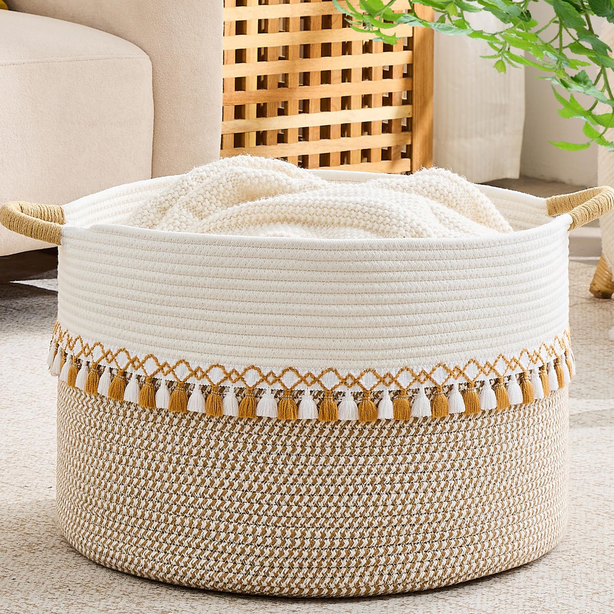 KAKAMAY Large Blanket Basket with Handles, Storage Basket for Living Room