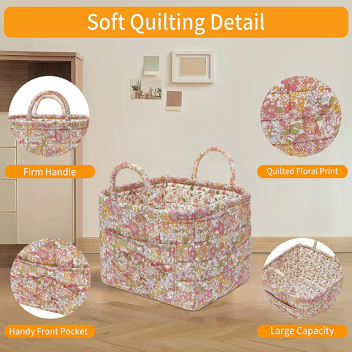 Quilted Fabric Storage Baskets with Handles, Boho Floral Gift Basket Foldable Organizer Bin for Home Decor, Picnic, Travel 12''x10''x10'' (Orange)