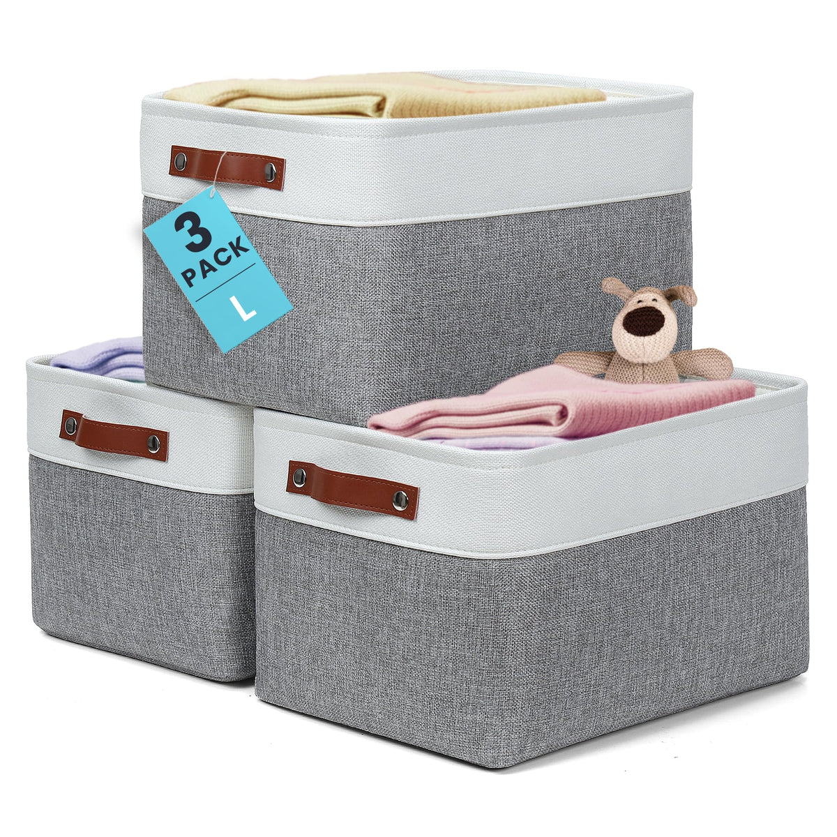 OrganiHaus 12x8in Canvas Storage Baskets, 3 Pack - Fabric Bins for Shelves
