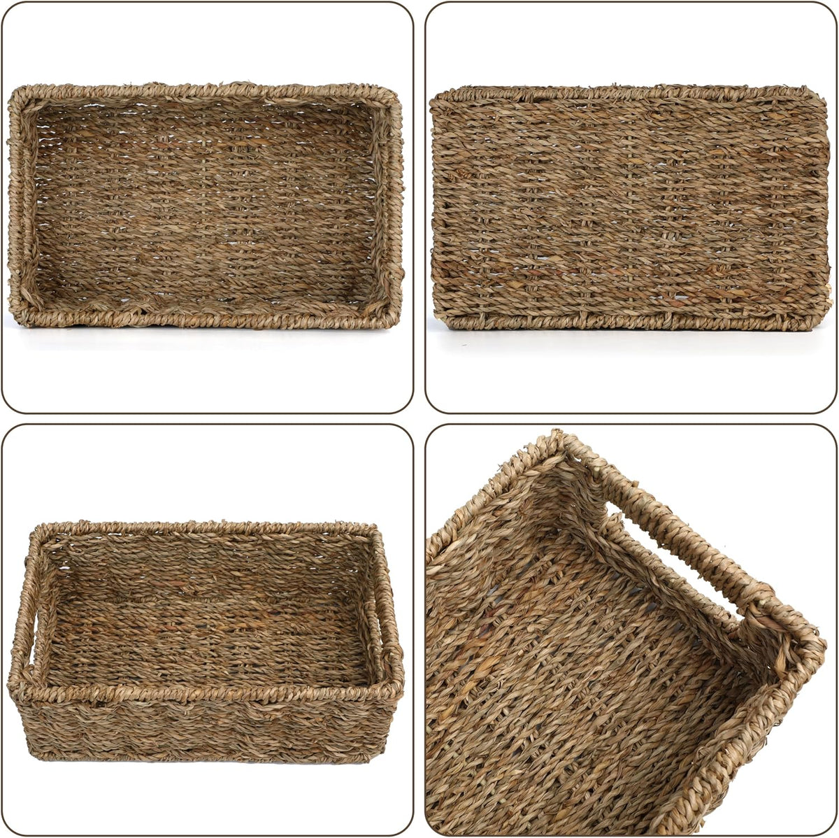 4 Small 3.6 QT Seagrass Wicker Baskets for Shelves, 10" Long Woven Pantry Organizers and Storage Basket, Decorative Ratten Shallow Rectangle Baskets for Organizing Countertop Kitchen