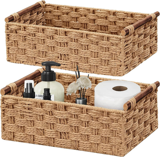 Vagusicc Wicker Storage Basket, Set of 2 Hand-Woven Paper Rope Wicker Basket for Organizing with Handle Decorative Storage Bins for Counter Shelf Table Toilet Paper Basket for Toilet Tank Top, Natural