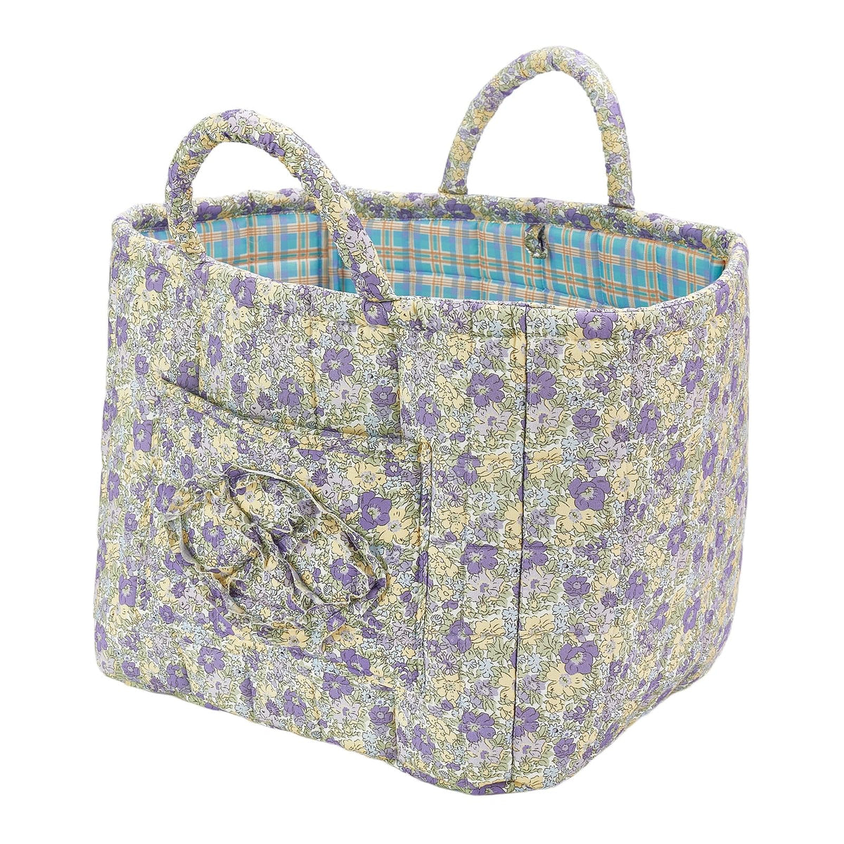 Boho Fabric Storage Basket Quilted Floral Print Baskets Organizer Bin with Handles for Home, Picnic, Shopping (Pink, L)