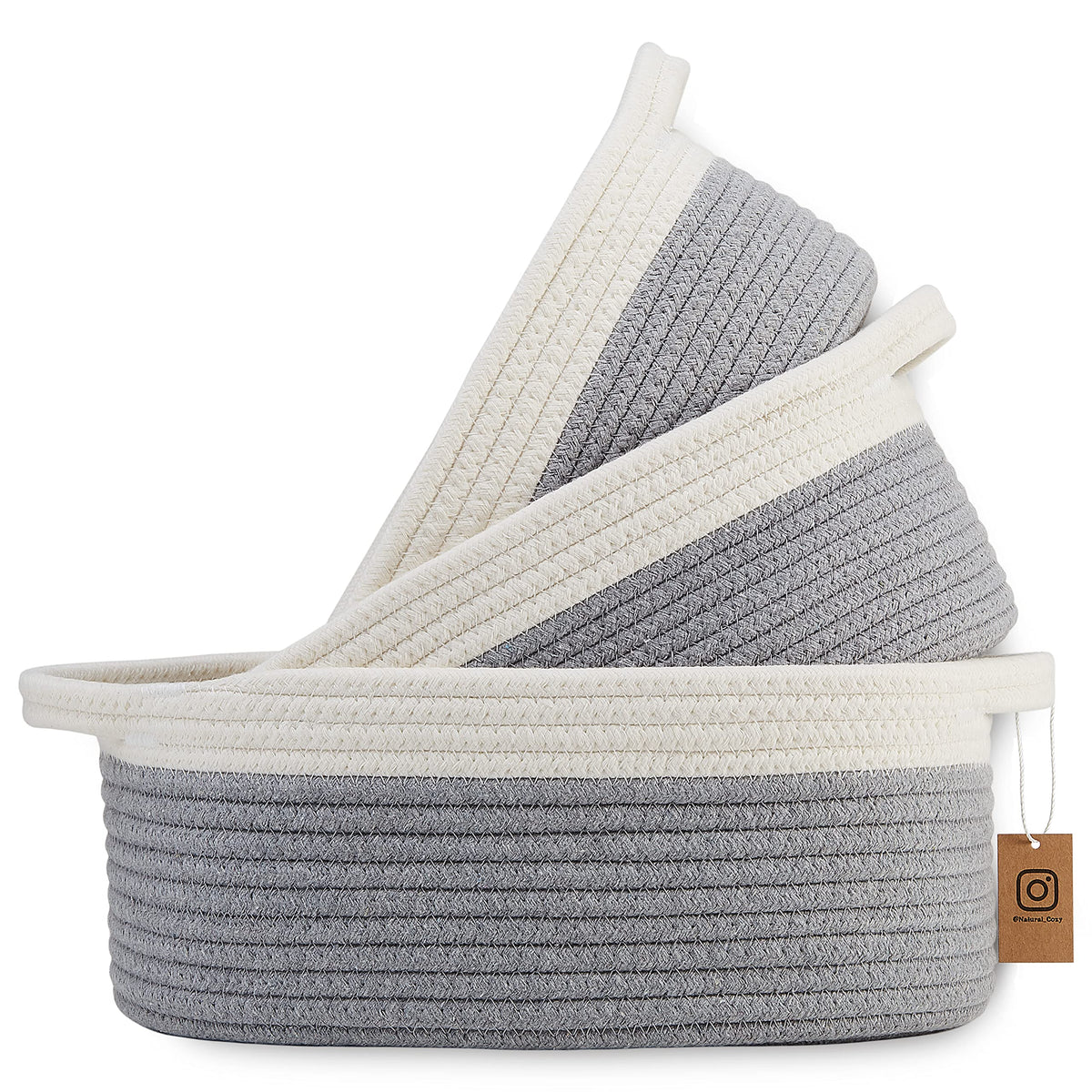 NaturalCozy 3-Piece Oval Storage Basket Set– Cotton Rope Woven Baskets for Storage, Gift Basket Empty, Toy Basket, Soft Baby Basket for Nursery, Cat Dog Toy Baskets, Small Basket (Off White & Blue)