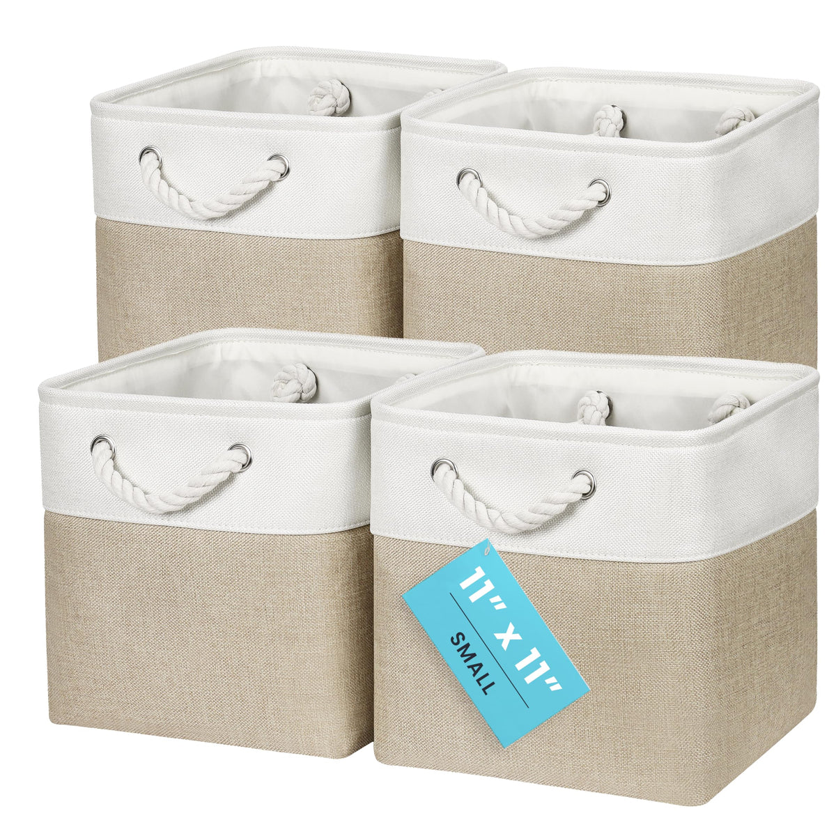 OrganiHaus 11x11 Cube Storage Bins, 4-Pack Fabric Cubes, Rope Handles