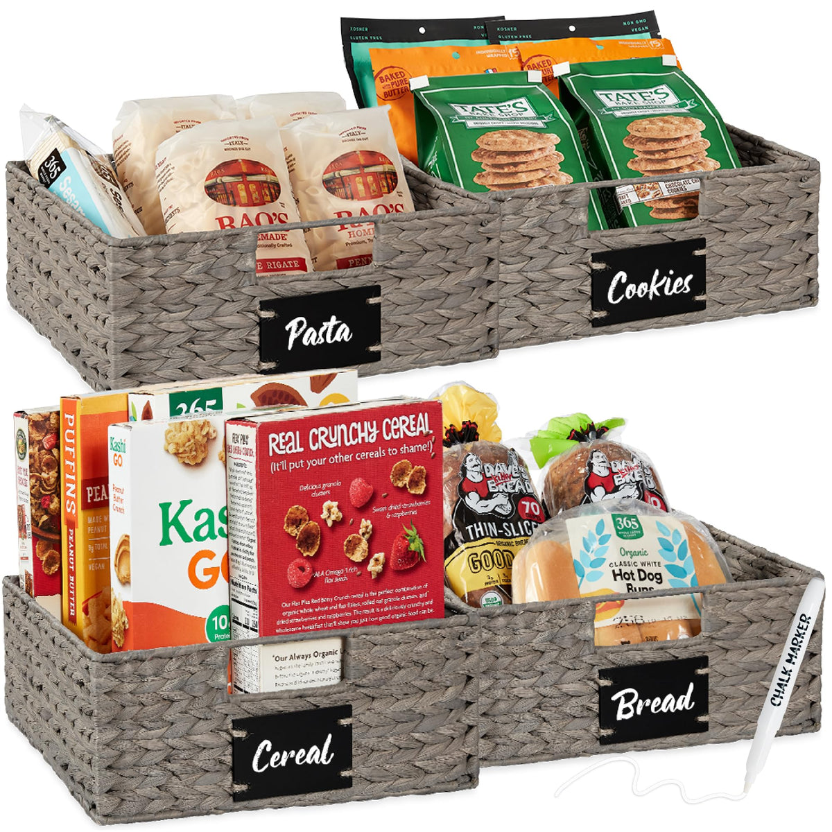 Best Choice Products Set of 4 9x12in Water Hyacinth Pantry Baskets, Woven Organizers w/Chalkboard Label, Chalk Marker - Natural
