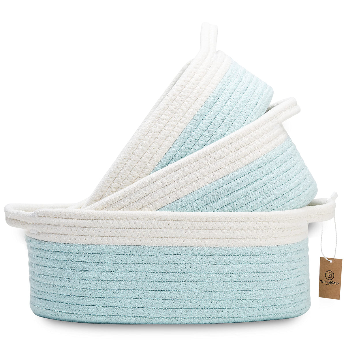 NaturalCozy 3-Piece Oval Storage Basket Set– Cotton Rope Woven Baskets for Storage, Gift Basket Empty, Toy Basket, Soft Baby Basket for Nursery, Cat Dog Toy Baskets, Small Basket (Off White & Blue)