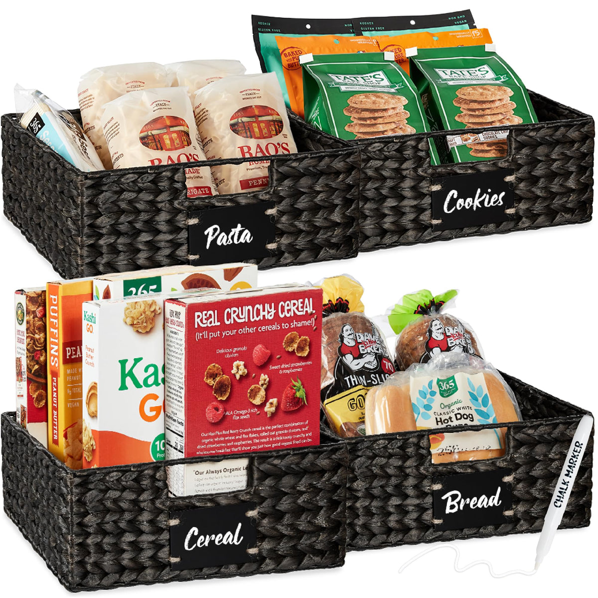 Best Choice Products Set of 4 9x12in Water Hyacinth Pantry Baskets, Woven Organizers w/Chalkboard Label, Chalk Marker - Natural