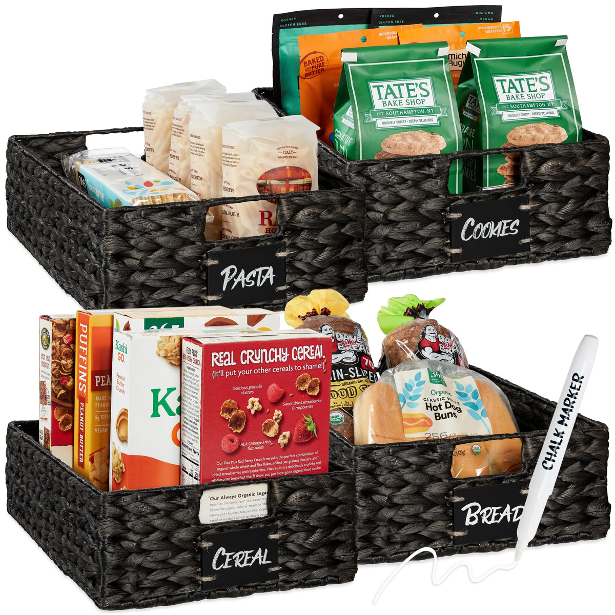 Best Choice Products Set of 4 9x12in Water Hyacinth Pantry Baskets, Woven Organizers w/Chalkboard Label, Chalk Marker - Natural