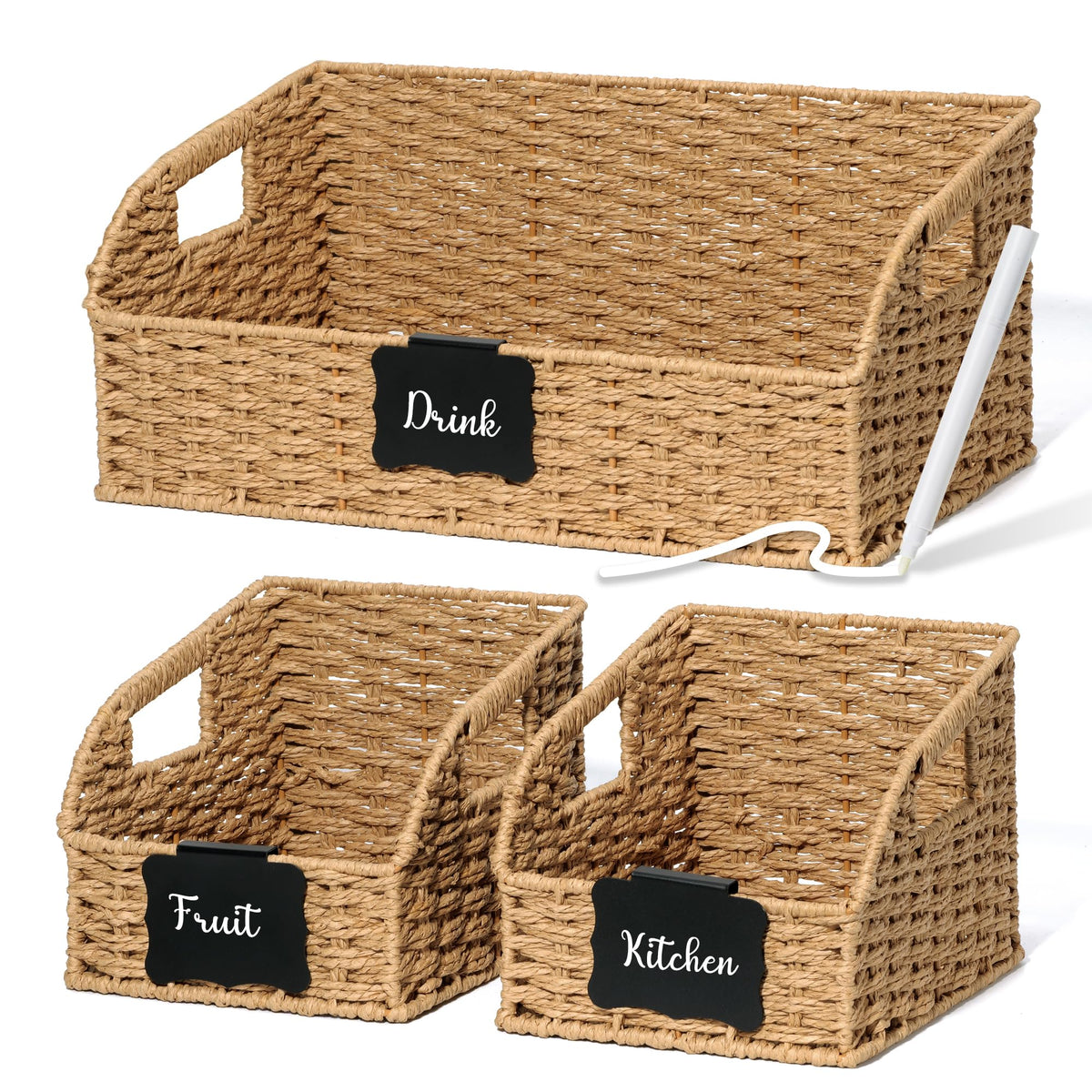 Pantry Baskets for Organizing,Wicker Storage Bins,3 Pack,Natural